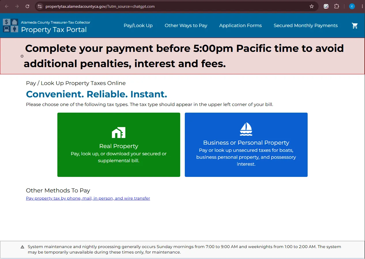Official Alameda County property tax portal showing options to pay or look up property taxes online by real property or business and personal property