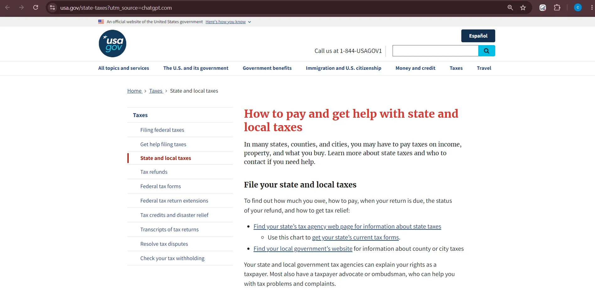 Official USA.gov state and local tax page showing where homeowners can find property tax, real estate tax, and local tax help