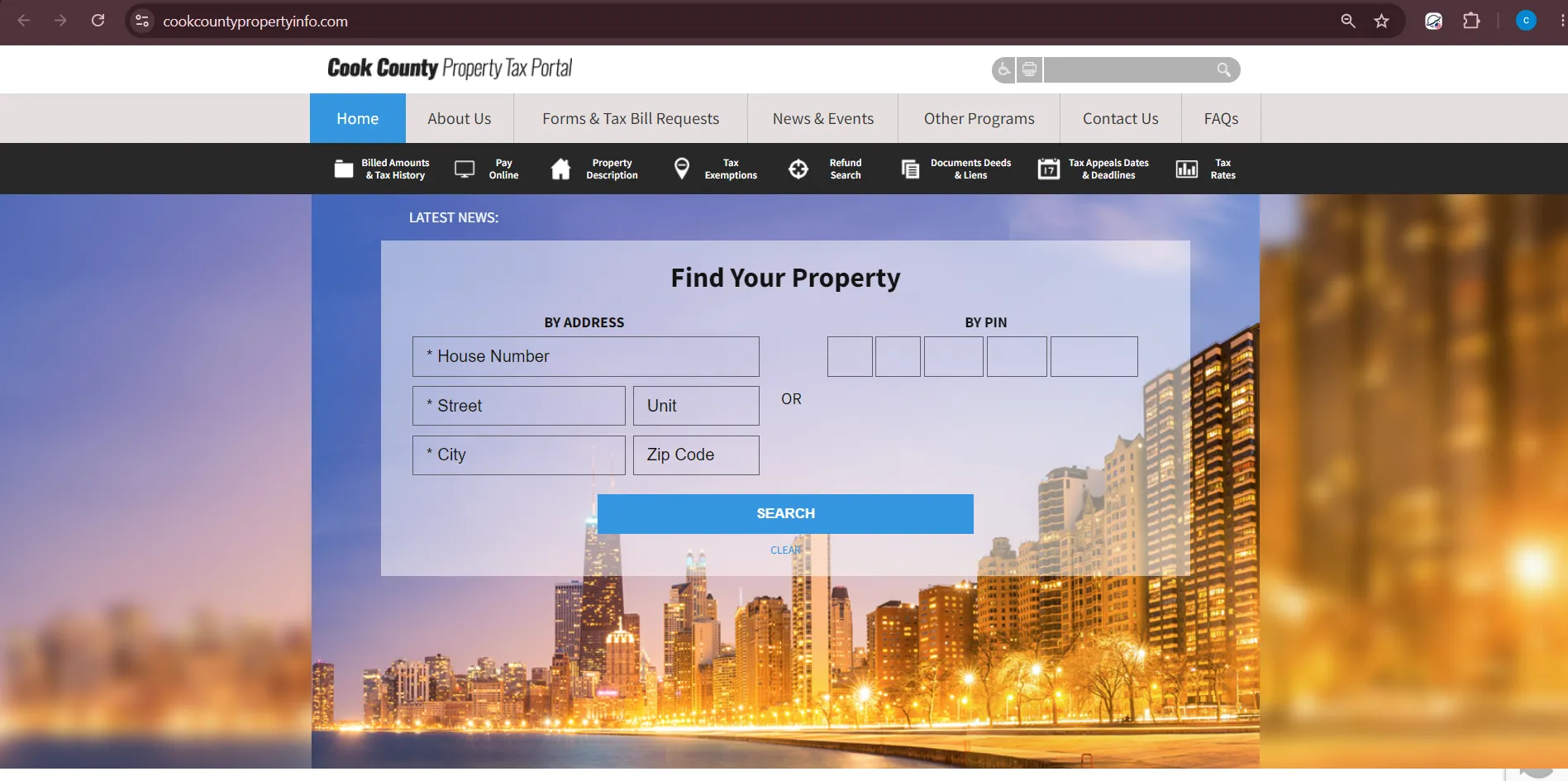 Official Cook County Property Tax Portal showing search by PIN and property address options for property tax records
