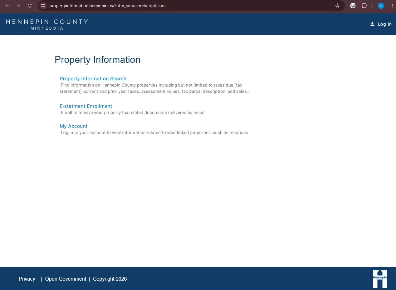 Hennepin County Property Information page showing official property tax search and e-statement enrollment options