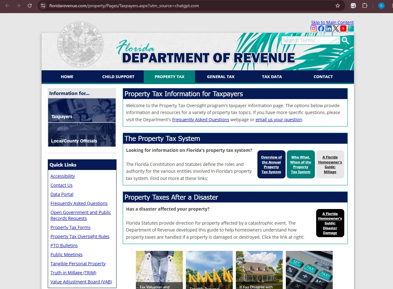 Florida Department of Revenue property tax taxpayer page showing statewide Florida property tax guidance and taxpayer resources