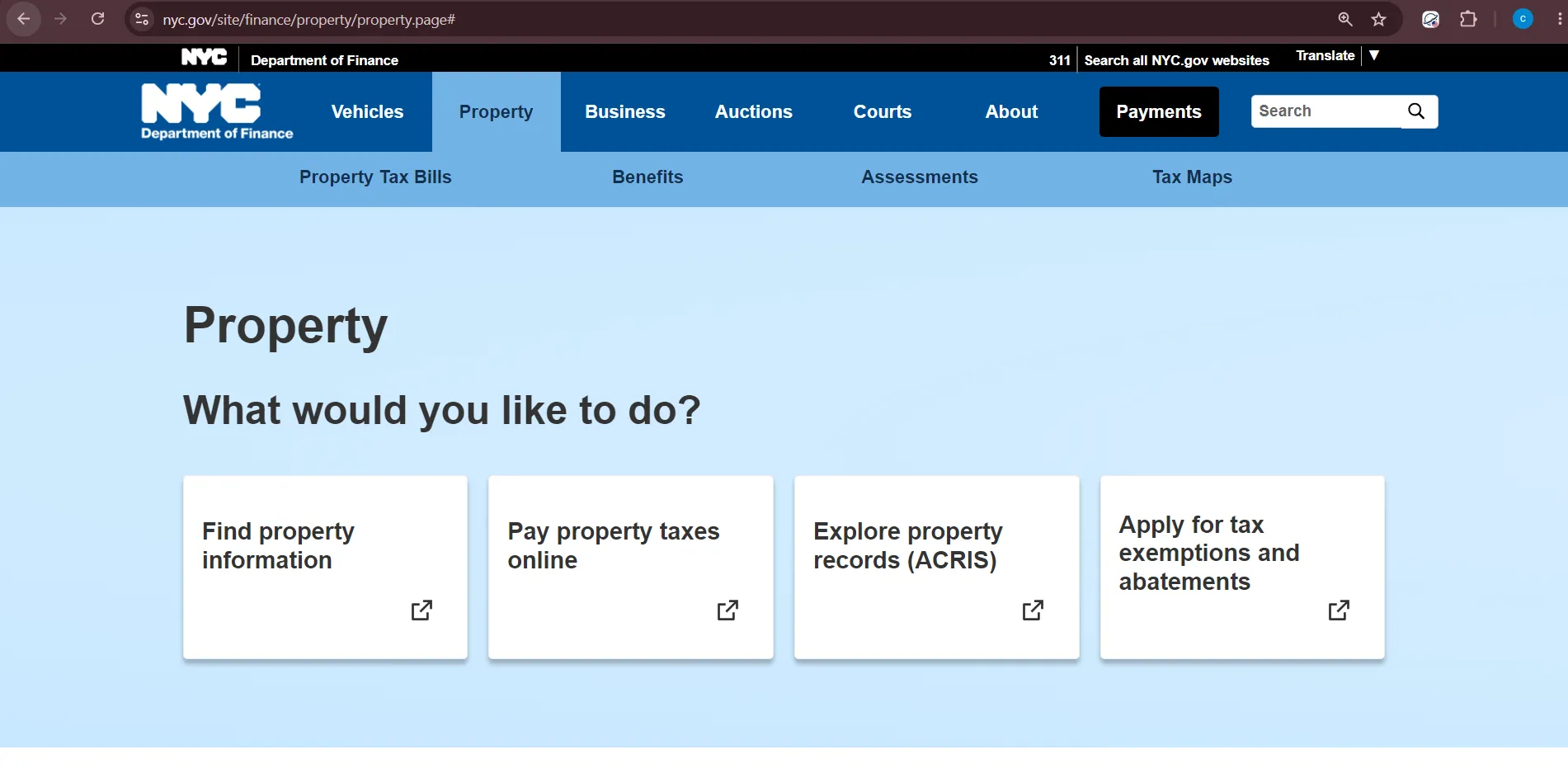 Official NYC Department of Finance property tax page showing property information, online payment, ACRIS records and tax exemption options