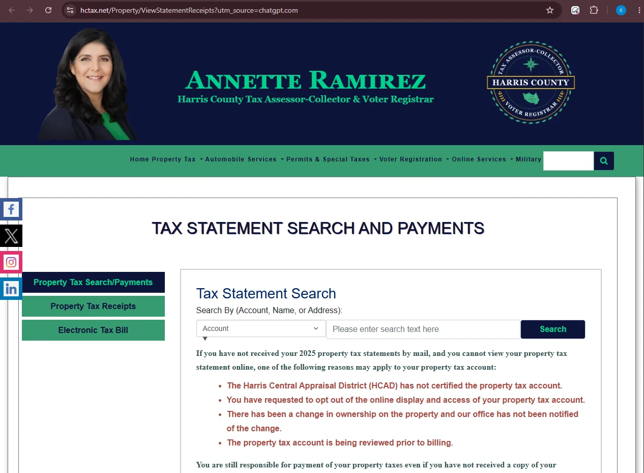 Official Harris County Tax Office property tax statement search and payment page for property tax statements receipts and online payments