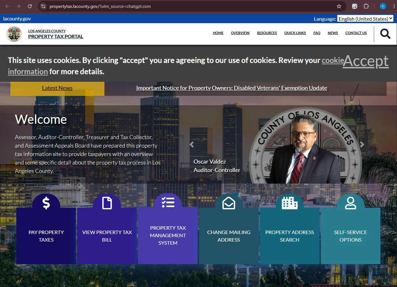 Official Los Angeles County Property Tax Portal with options to pay property taxes, view a property tax bill, search property address and use self-service tools