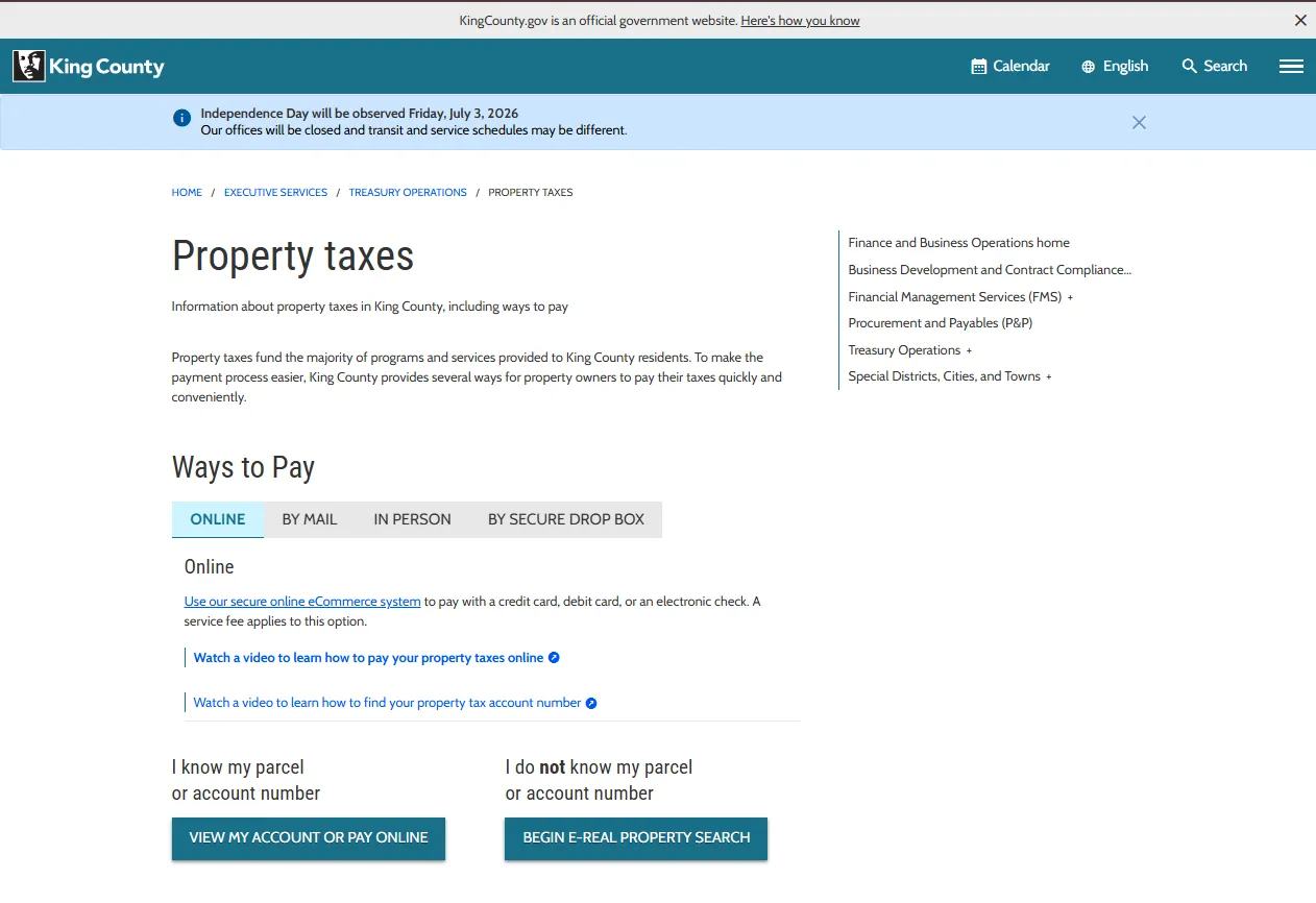 Official King County property tax page showing property tax payment and search options for taxpayers