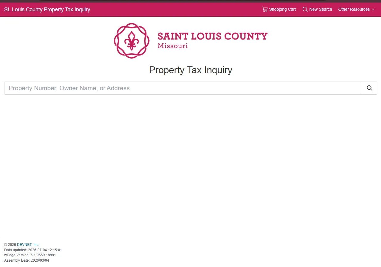 Official St. Louis County Property Tax Inquiry page showing personal property tax lookup by property number owner name or address