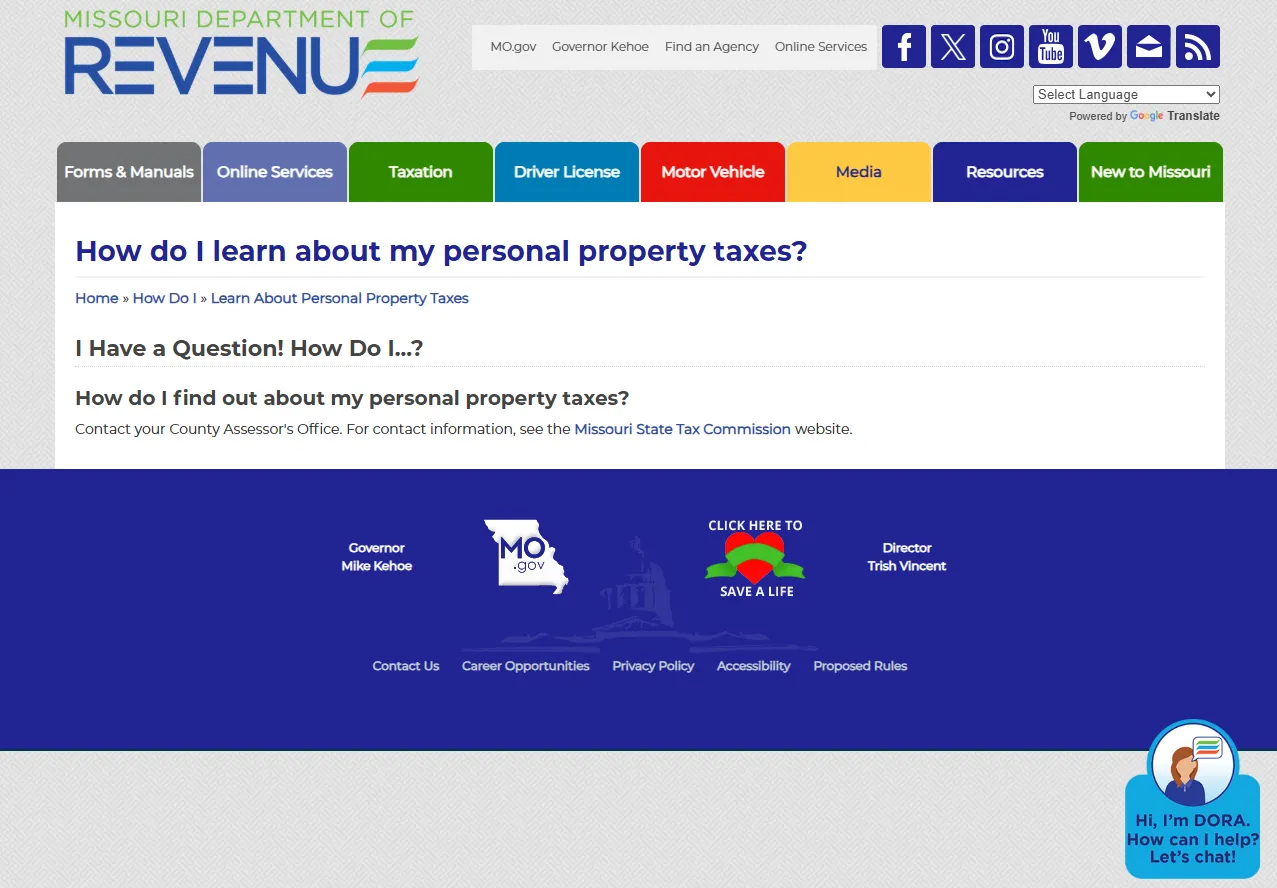 Missouri State Tax Commission directory page showing county assessor and county collector links for personal property tax lookup and payment