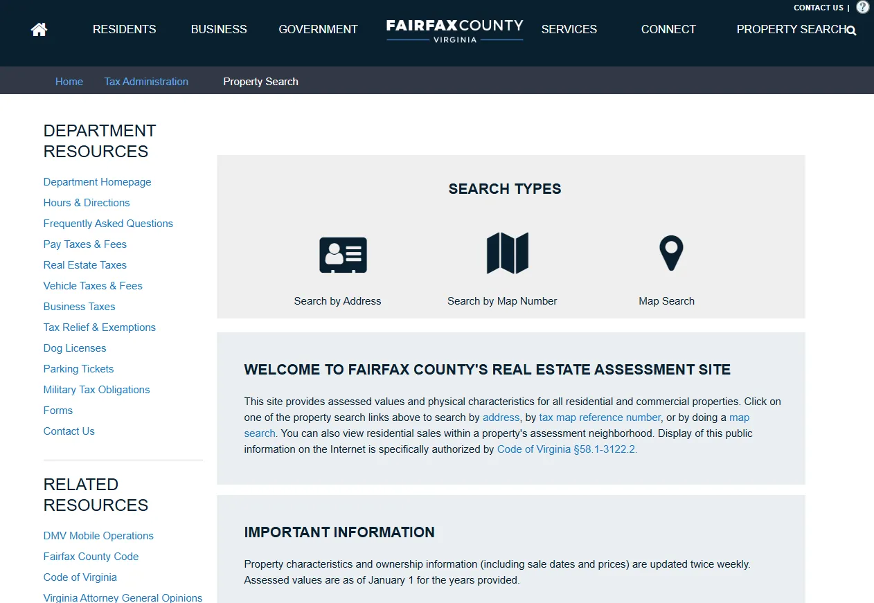 Fairfax County real estate assessment search page showing property search options for property tax records by address, tax map number and map search