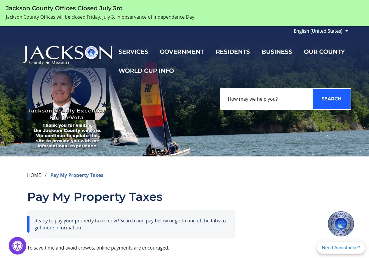 Official Jackson County Missouri property tax payment page showing search and pay options for property tax bills