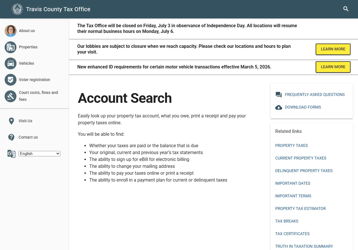 Travis County Tax Office account search page for property tax balances, receipts and online payments