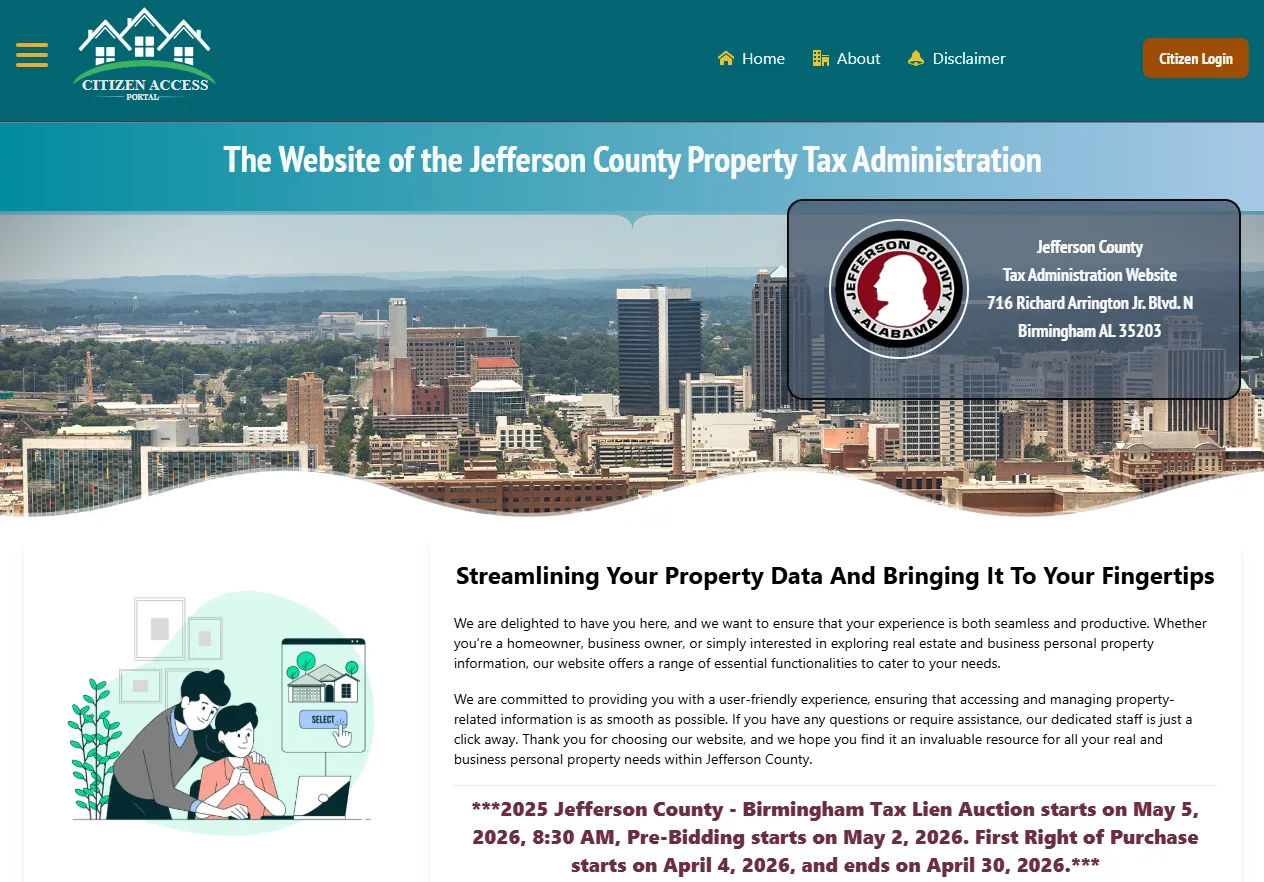 Official Jefferson County property tax portal showing property search, online tax payment and homestead exemption options