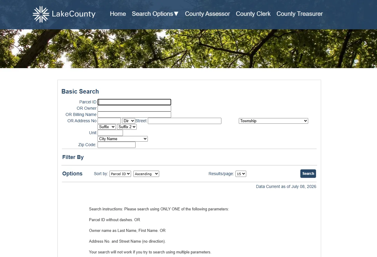 Official Lake County Illinois property tax search page showing options to look up property tax records by PIN address and parcel information