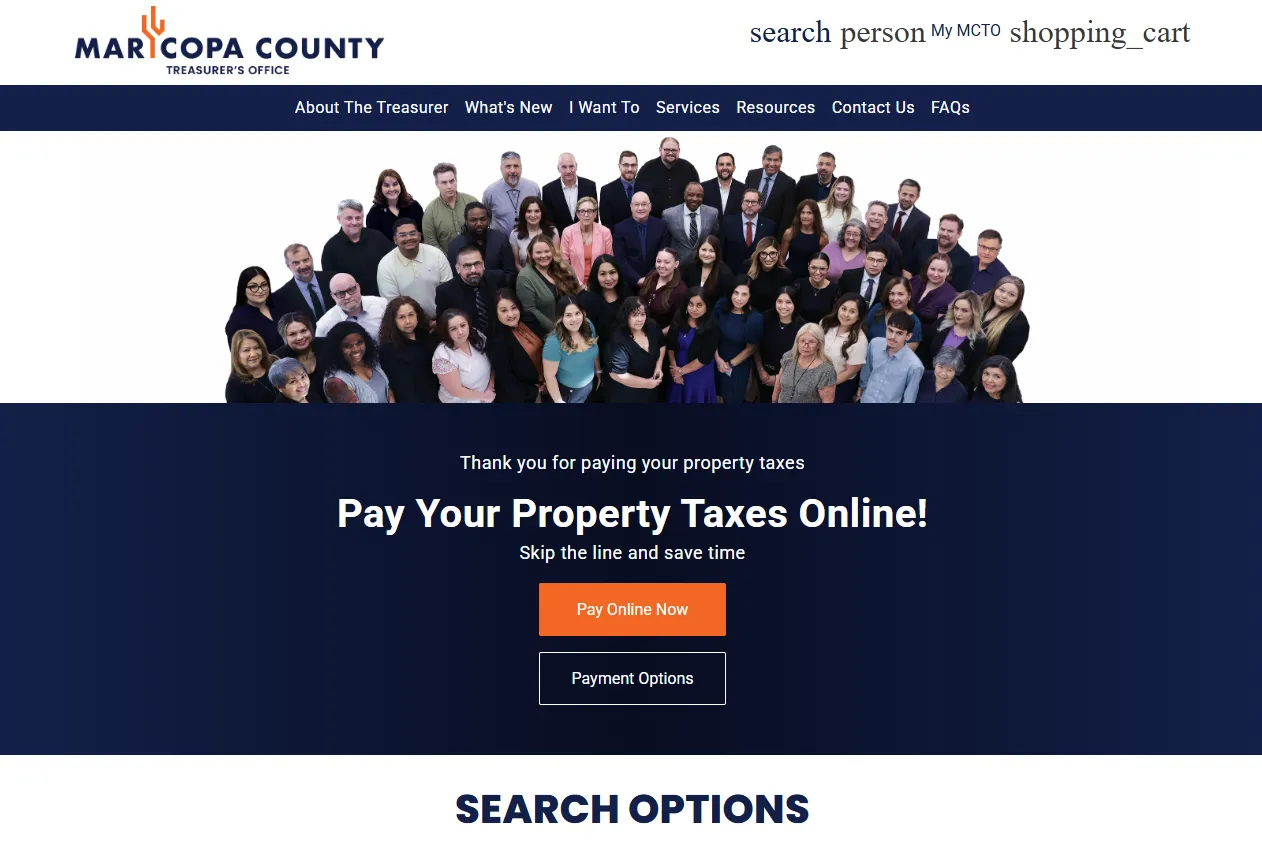 Maricopa County property tax search portal showing parcel lookup and tax bill information options