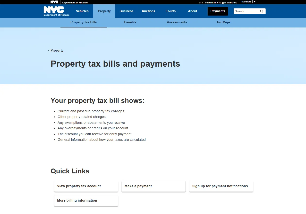 NYC Department of Finance property tax bill payment portal showing New York property tax search and online payment options