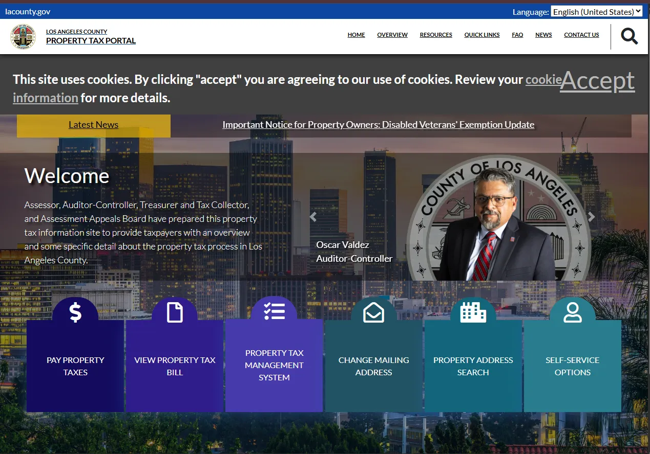 Official Los Angeles County Property Tax Portal showing property tax payment, tax bill, property search and tax information options