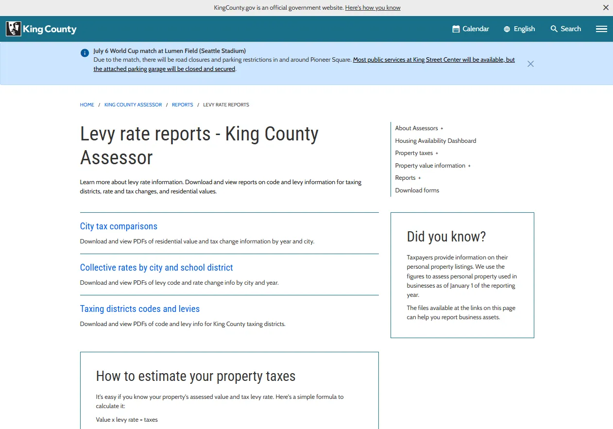 Official King County Assessor levy rate report showing how to estimate property taxes by assessed value and levy rate