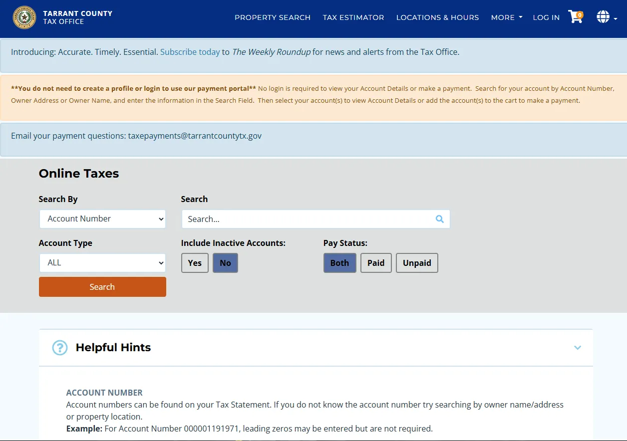 Official Tarrant County Tax Office property tax search portal showing account number owner address and owner name search options