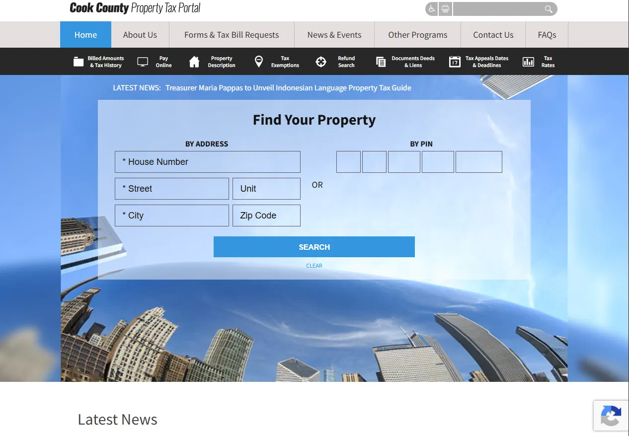 Official Cook County Property Tax Portal search page for Chicago property tax by PIN or property address