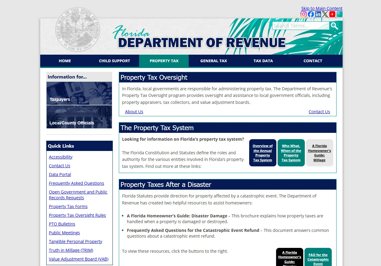 Official Florida Department of Revenue property tax information page showing taxpayer resources for Florida property tax payments due dates discounts exemptions and delinquency rules