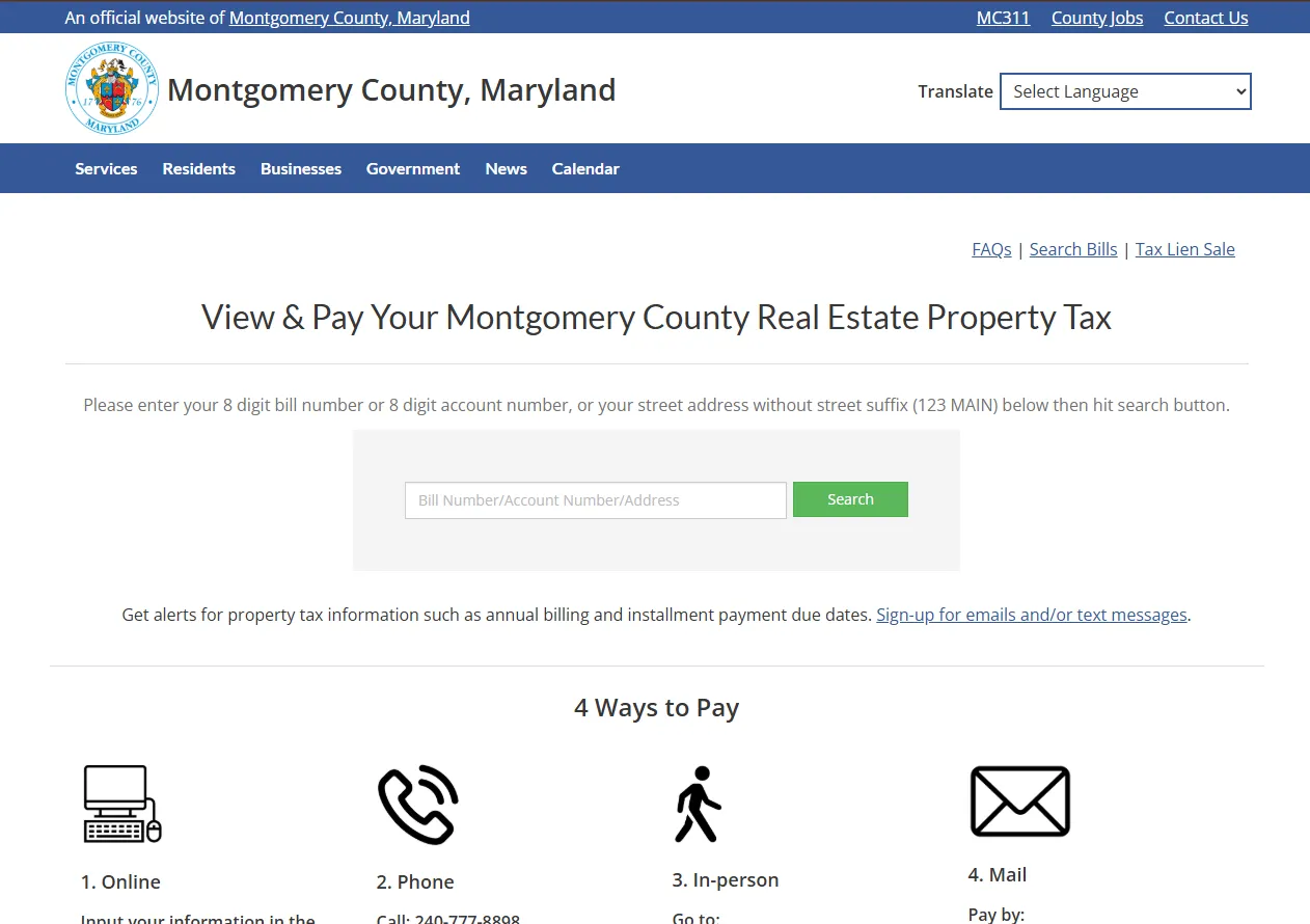 Official Montgomery County Maryland real property tax portal showing search and payment options for property tax bills