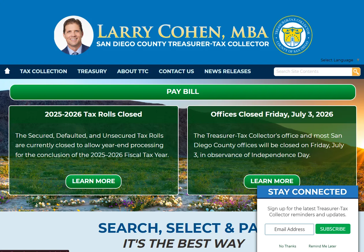Official San Diego County Treasurer-Tax Collector property tax bill search and payment page showing options to search or pay a property tax bill