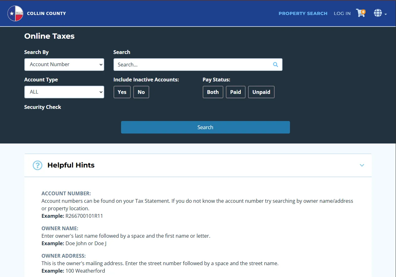 Collin County property tax search and payment portal showing official lookup options for account number, owner name, property address and statement number