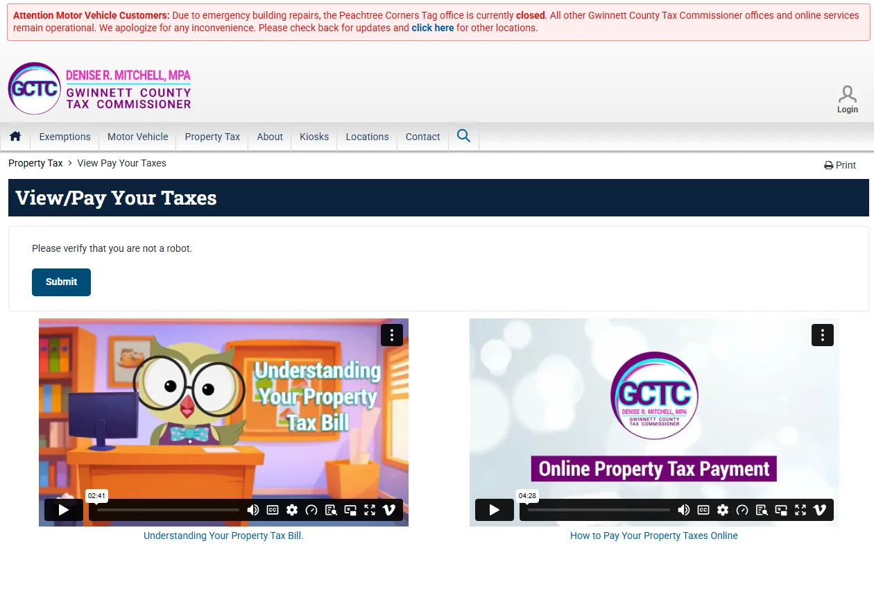 Official Gwinnett County Tax Commissioner property tax page for viewing, searching, and paying Gwinnett County property taxes online
