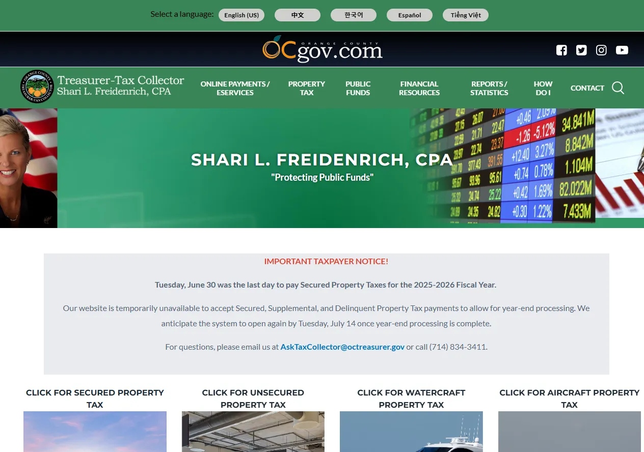 Official Orange County property tax search page showing options to look up a tax bill by parcel number address or tax default number