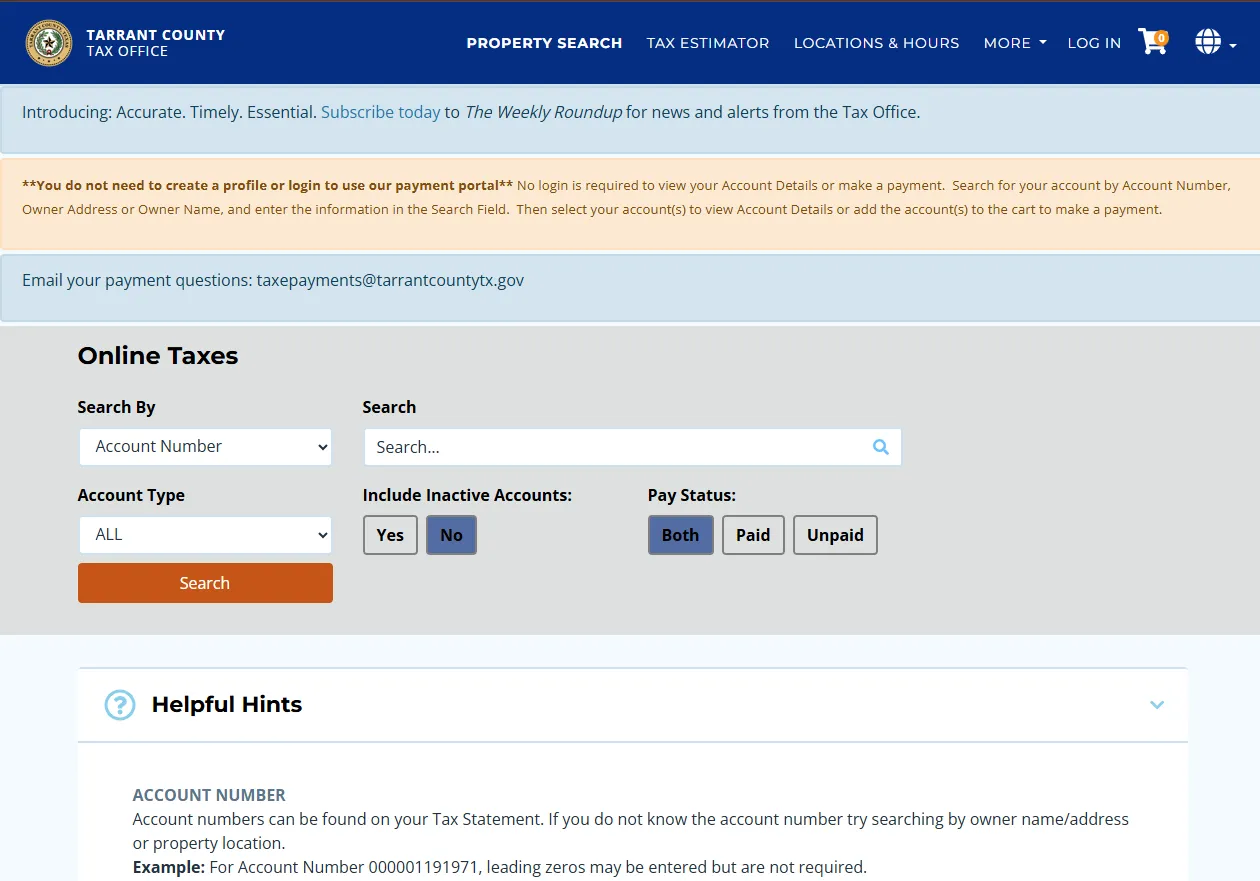 Official Tarrant County Tax Office property search page showing account number, owner address, owner name and property address search options