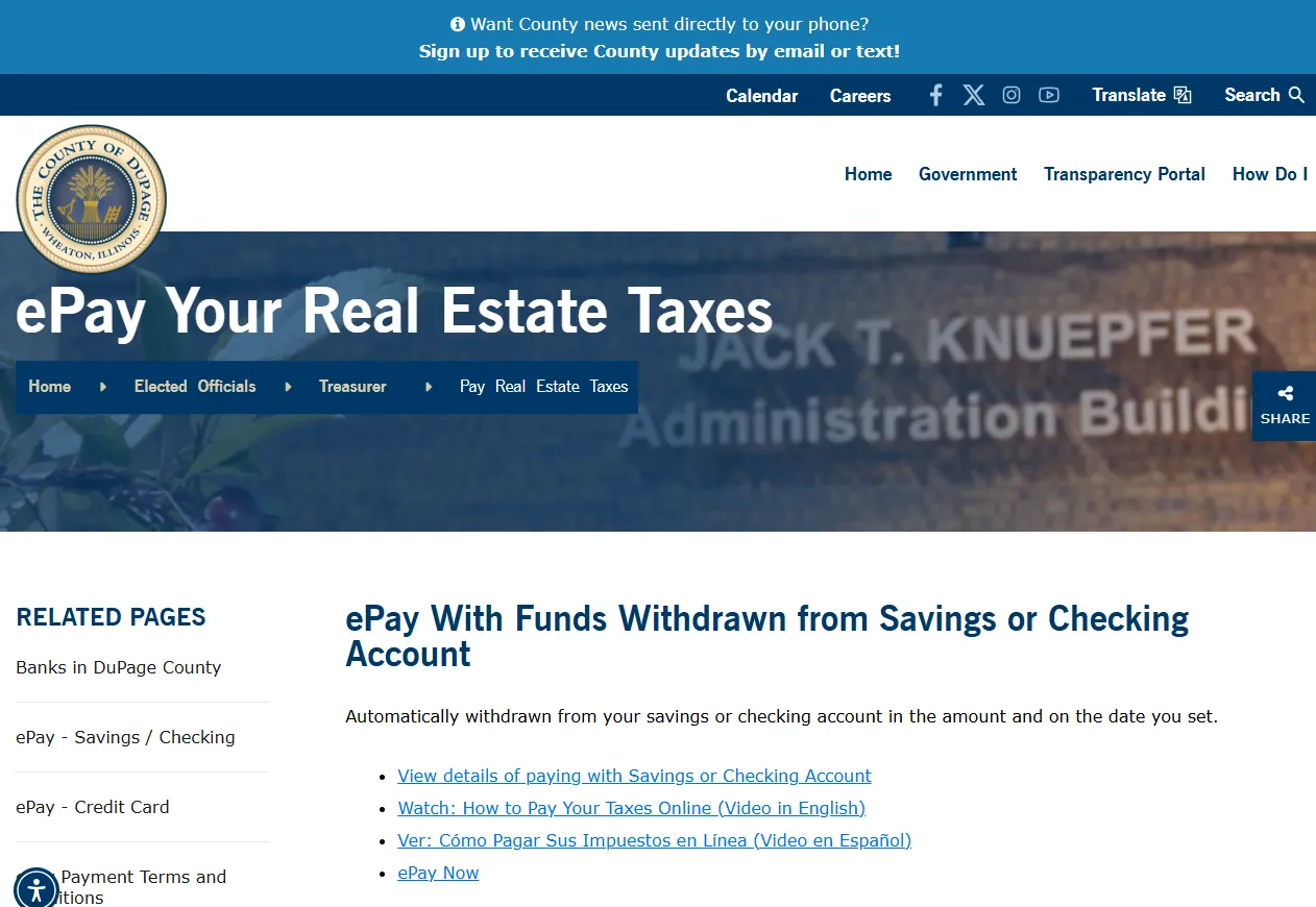 Official DuPage County ePay real estate taxes page showing payment options for savings or checking account