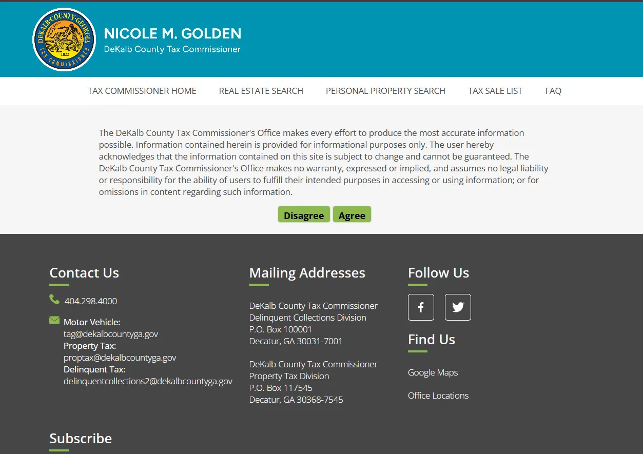 Official DeKalb County property tax search portal showing parcel owner and address search options