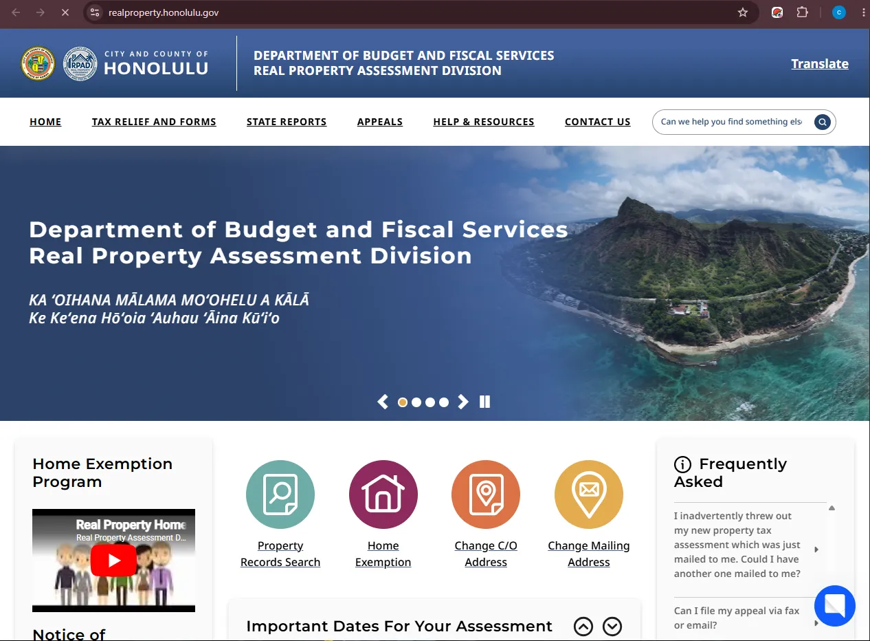 Official Honolulu Real Property Tax website for Oʻahu property tax search, payments, exemptions and appeals