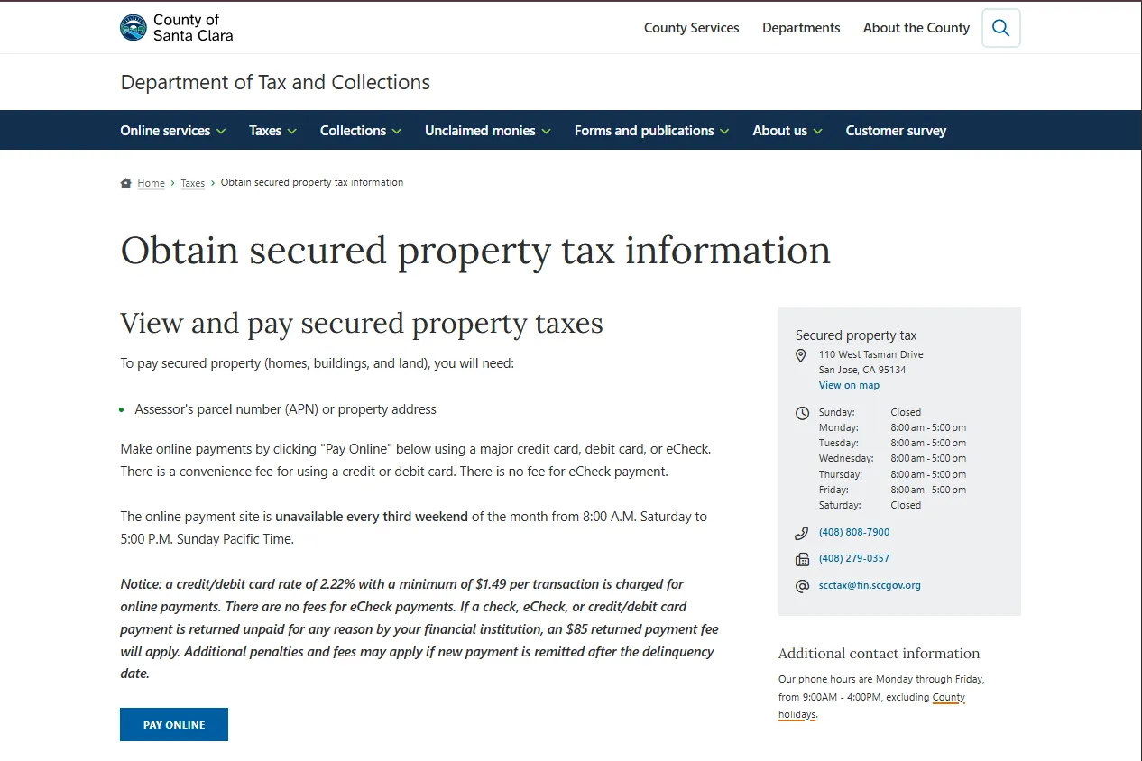Official Santa Clara County secured property tax page showing APN and property address lookup information for viewing and paying property taxes