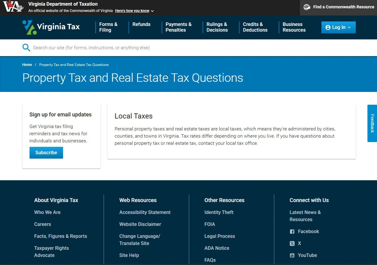 Official Virginia Tax page explaining that personal property taxes are local taxes handled by cities counties and towns
