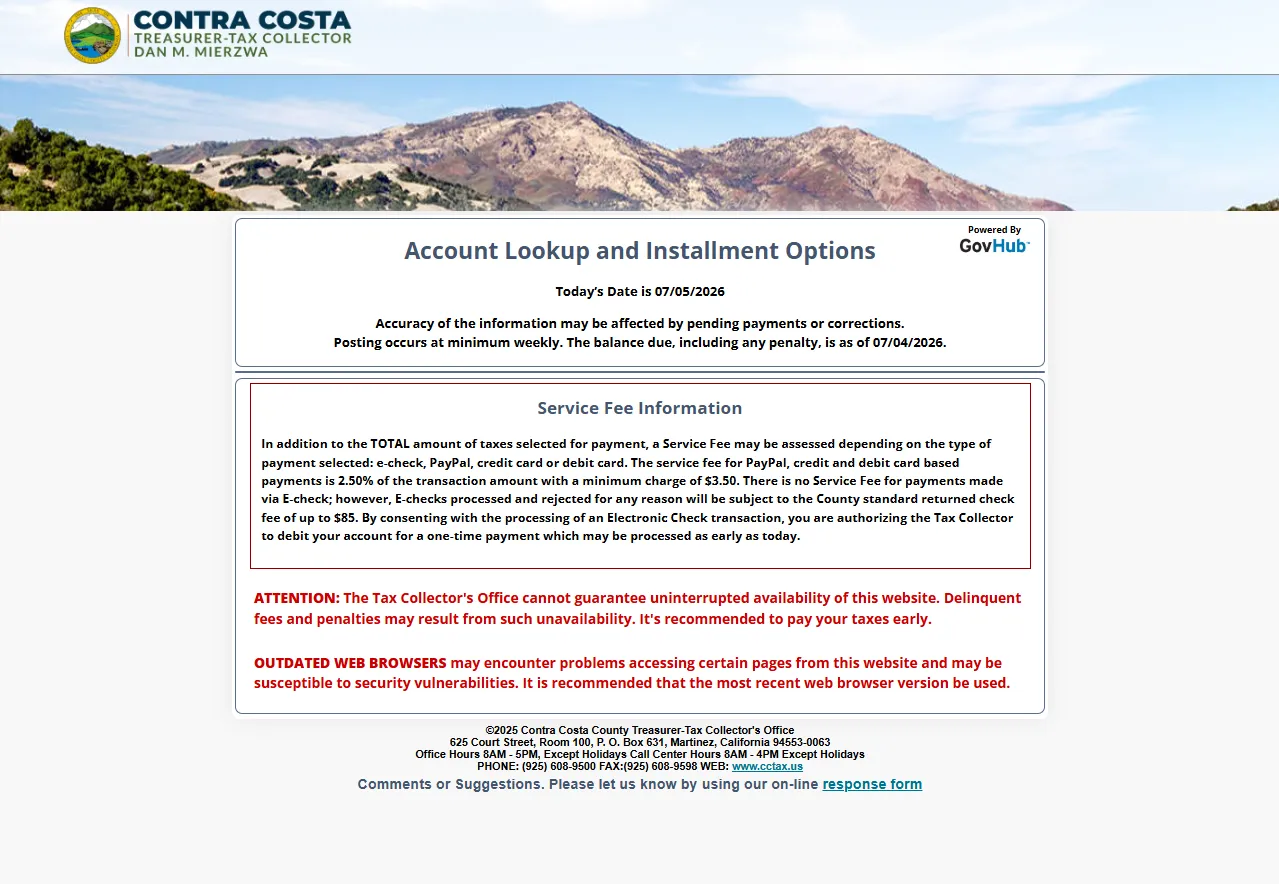Official Contra Costa County property tax lookup and installment options portal showing service fee information and payment warnings