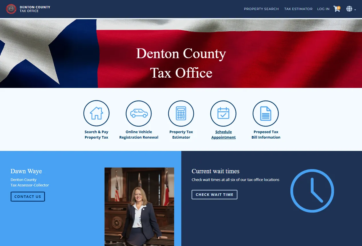 Official Denton County Tax Office page showing property tax search, online payment, property tax estimator and appointment options