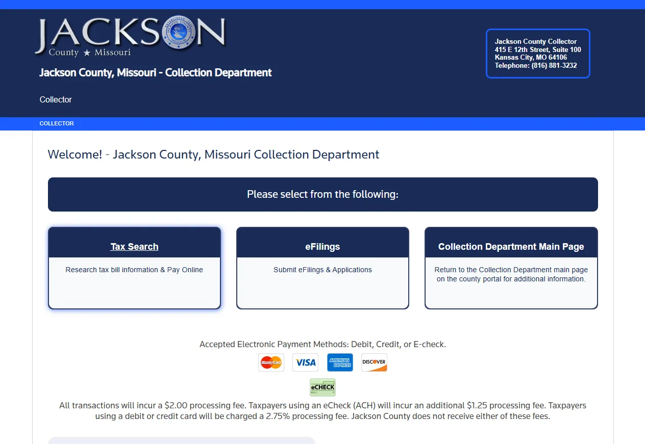 Jackson County Missouri Property Tax Search and Pay Online Portal Official Jackson County Missouri property tax search and payment portal for looking up tax bills and paying property taxes online
