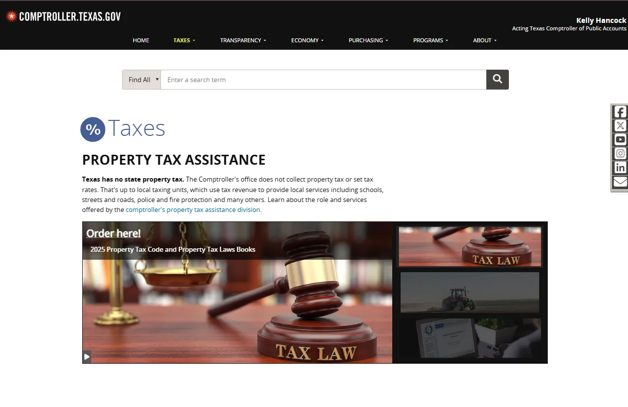 Official Texas Comptroller Property Tax Assistance page for Texas property tax search payment due dates exemptions and local tax office help