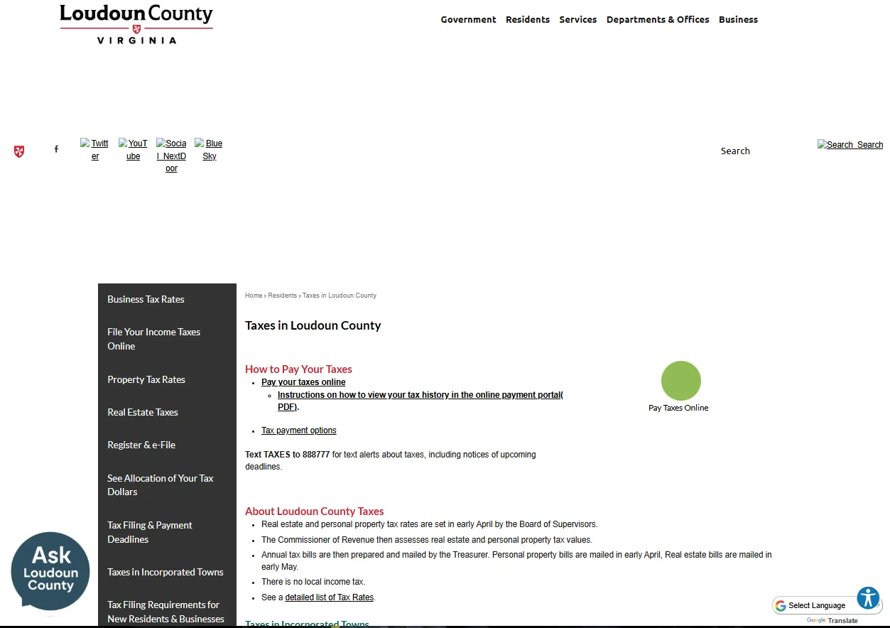 Official Loudoun County taxes page showing real estate property tax due dates, tax rate information and county tax guidance