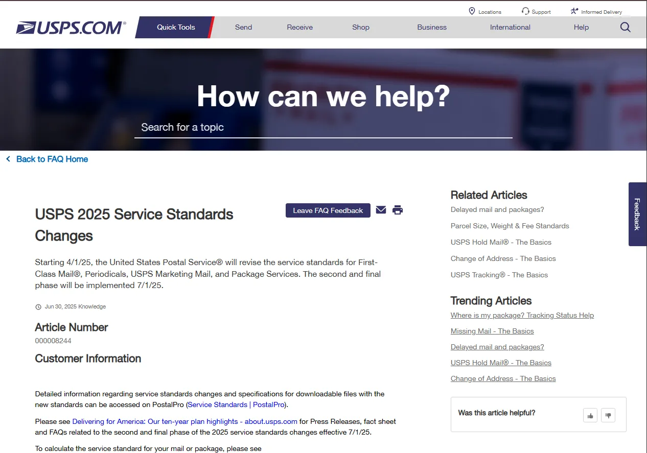 Official USPS 2025 service standards changes page explaining mail delivery updates that may affect deadline-sensitive property tax payments