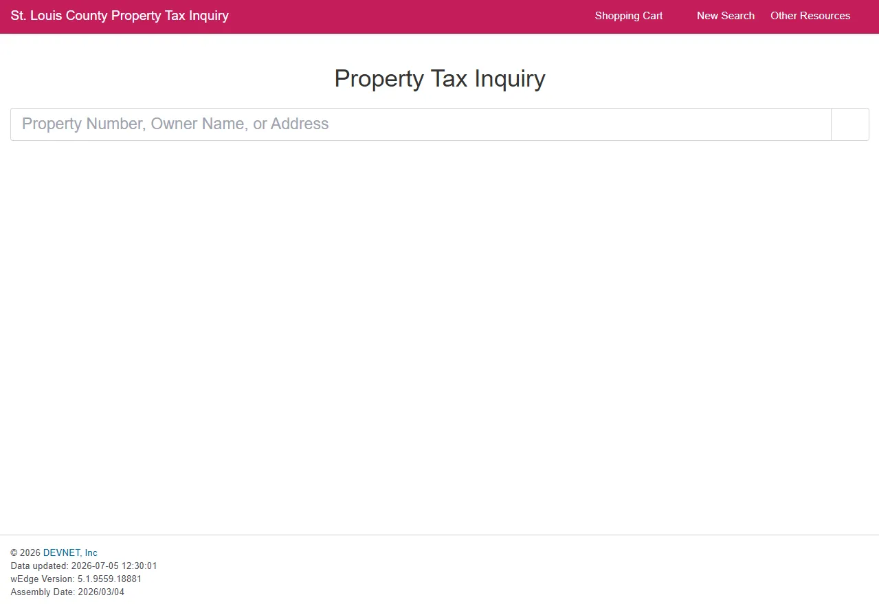 Official St. Louis County Property Tax Inquiry page showing search by property number owner name or address