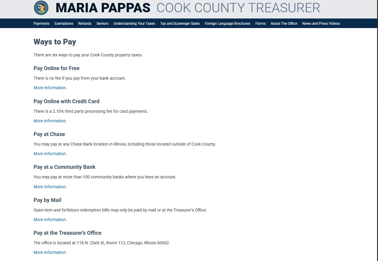 Official Cook County Treasurer Ways to Pay page showing property tax payment options including bank account, credit card, Chase Bank, community bank, mail and Treasurer Office